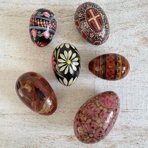 Set of Six Mixed Vintage Decorative Painted Wooden Eggs